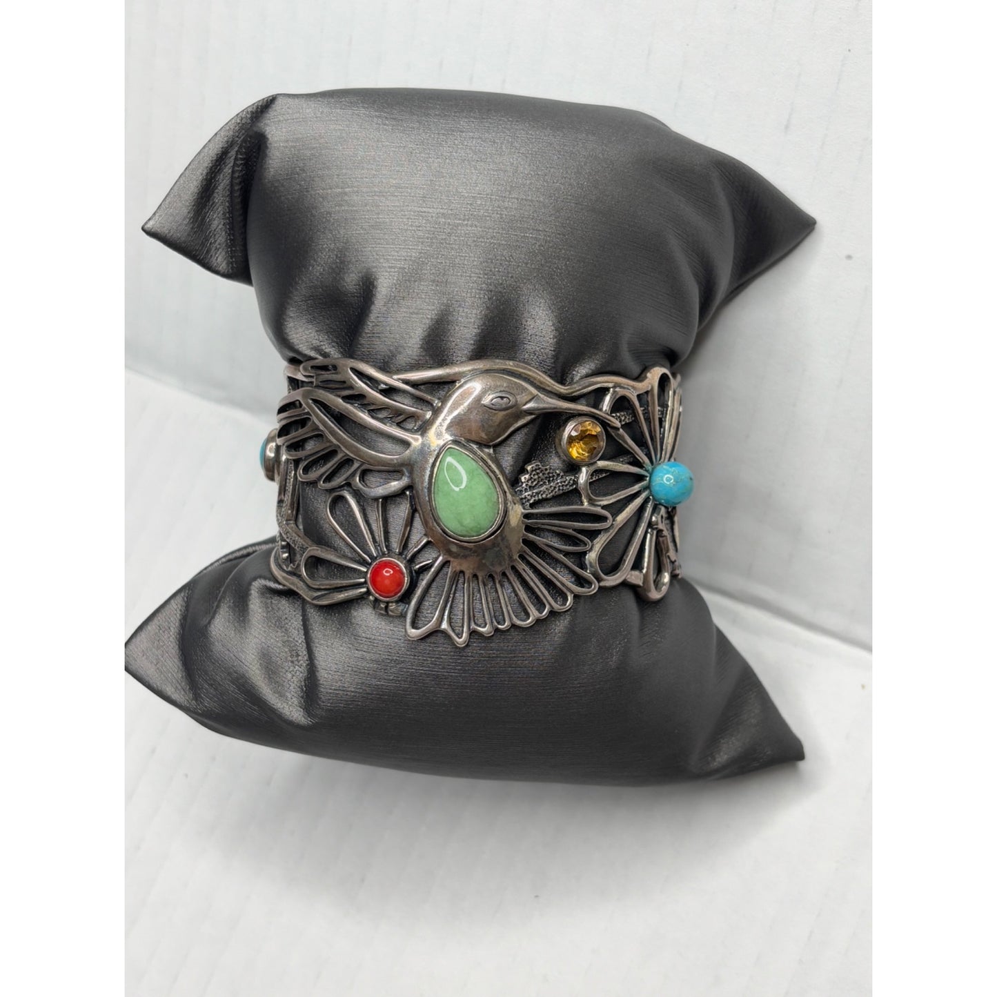FRITZ CASUSE X CAROLYN POLLACK Vintage Very Rare Multi Stone Sterling Silver Hummingbird Wide Cuff Bracelet