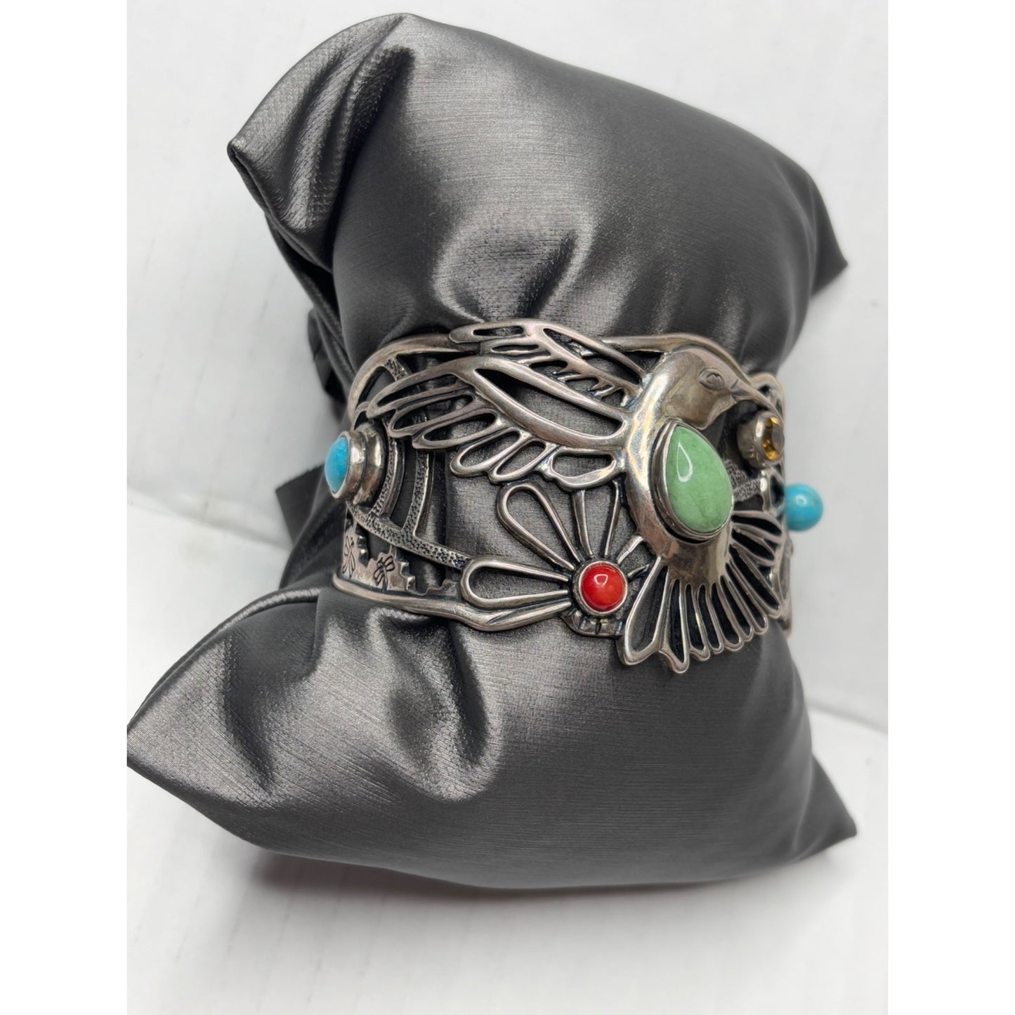 FRITZ CASUSE X CAROLYN POLLACK Vintage Very Rare Multi Stone Sterling Silver Hummingbird Wide Cuff Bracelet