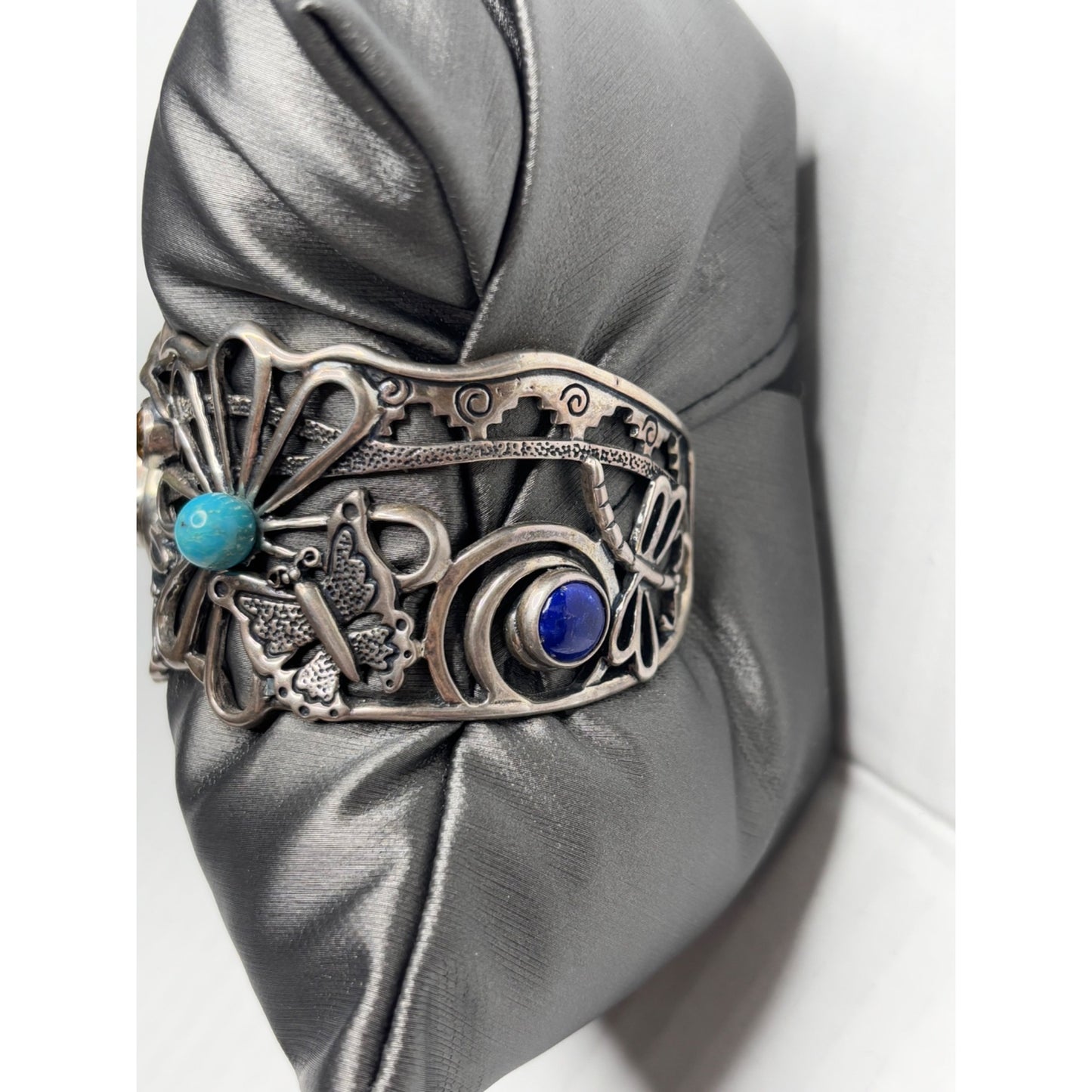 FRITZ CASUSE X CAROLYN POLLACK Vintage Very Rare Multi Stone Sterling Silver Hummingbird Wide Cuff Bracelet
