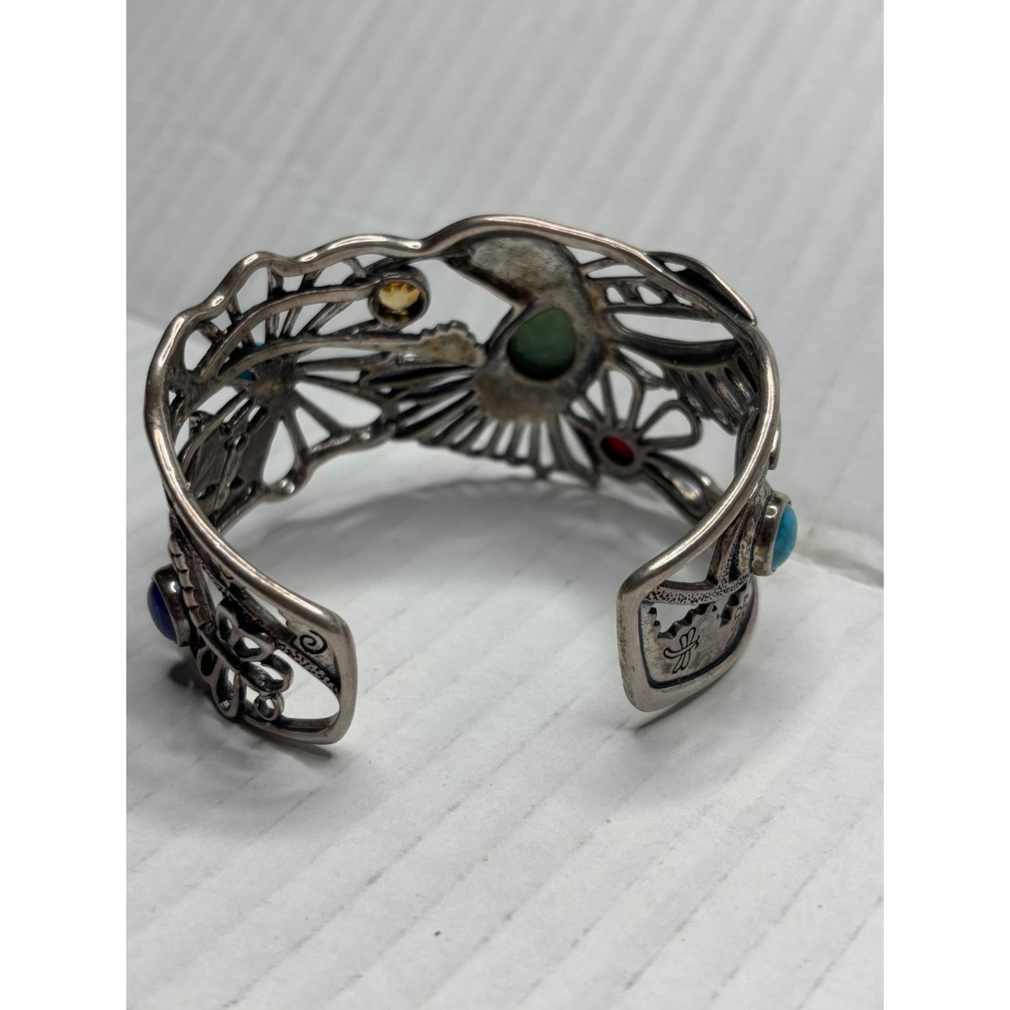FRITZ CASUSE X CAROLYN POLLACK Vintage Very Rare Multi Stone Sterling Silver Hummingbird Wide Cuff Bracelet