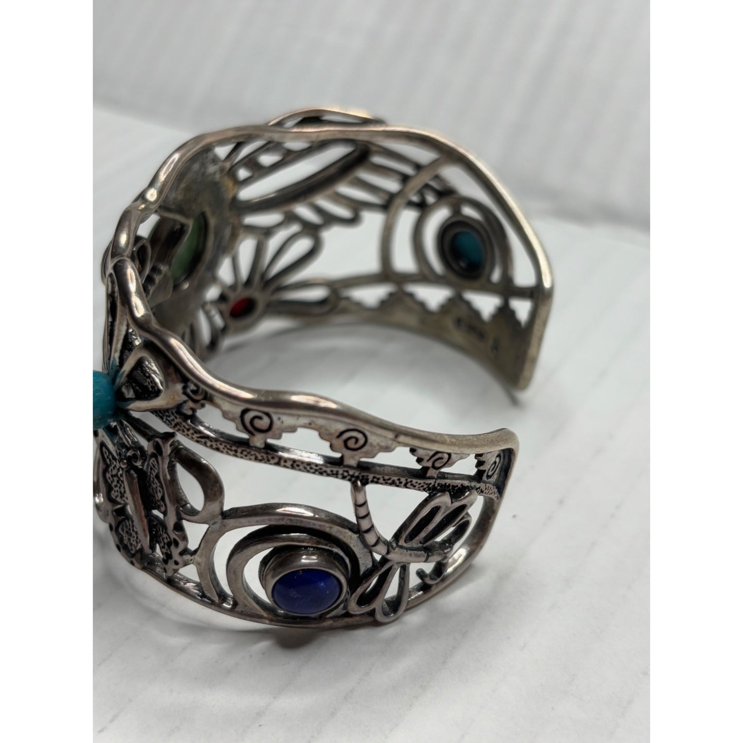 FRITZ CASUSE X CAROLYN POLLACK Vintage Very Rare Multi Stone Sterling Silver Hummingbird Wide Cuff Bracelet