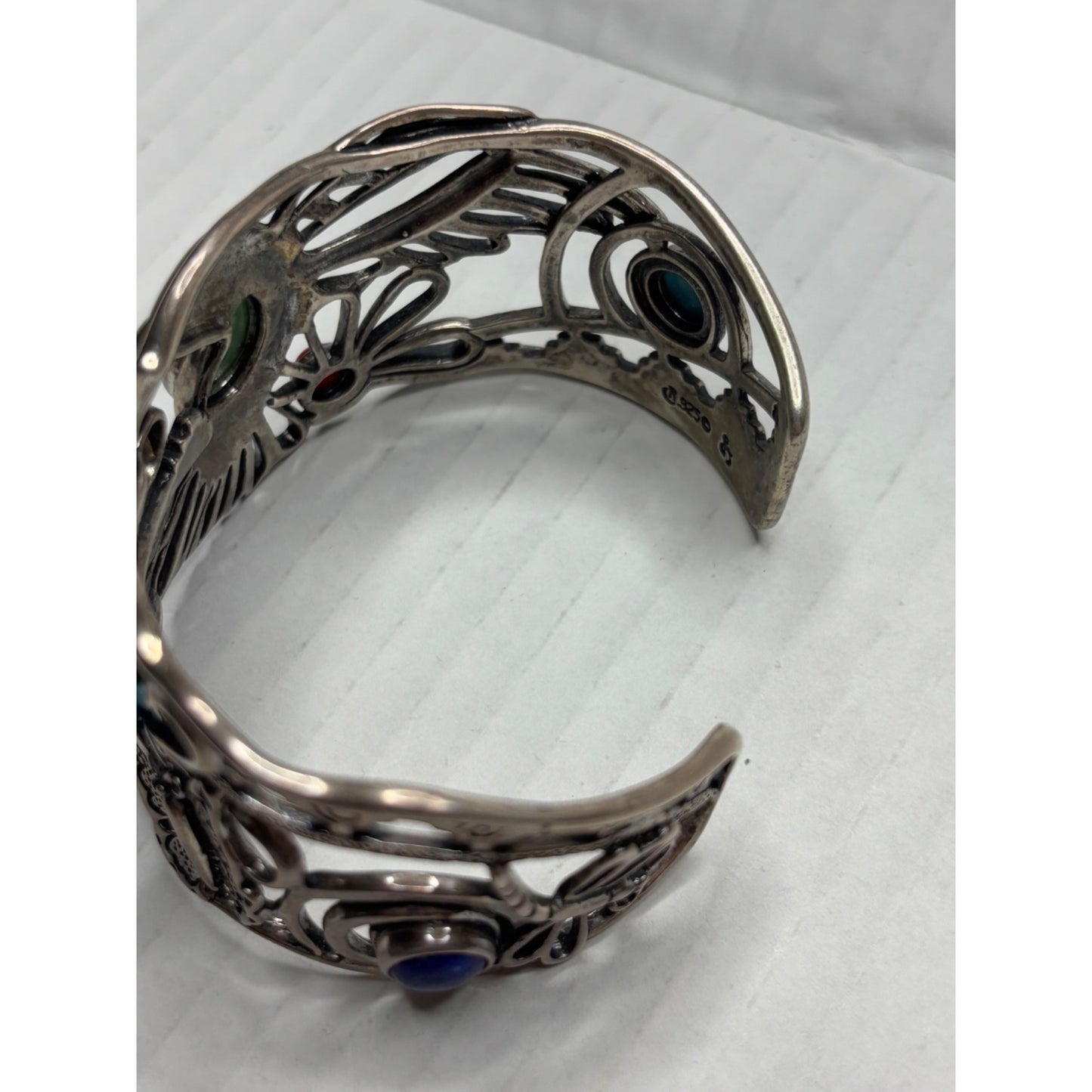 FRITZ CASUSE X CAROLYN POLLACK Vintage Very Rare Multi Stone Sterling Silver Hummingbird Wide Cuff Bracelet