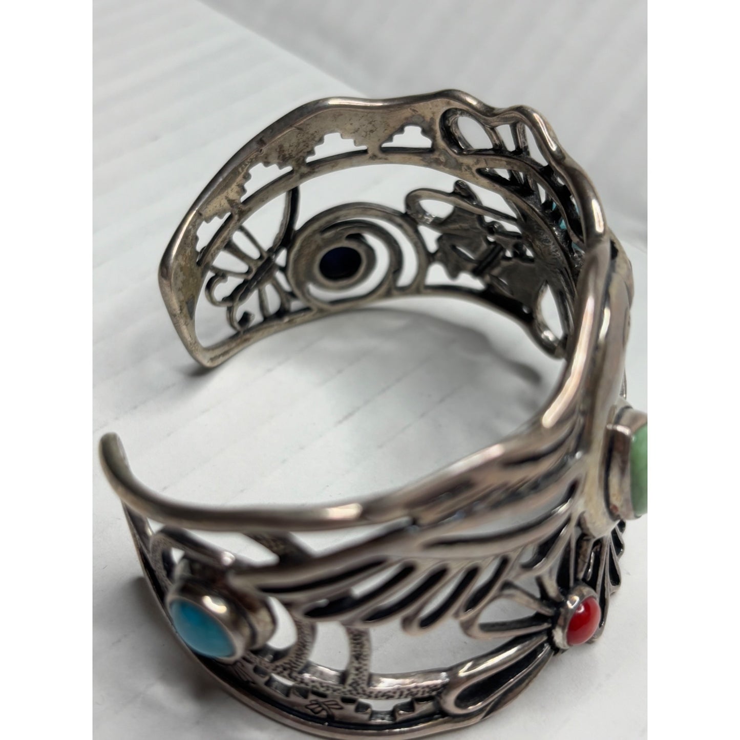 FRITZ CASUSE X CAROLYN POLLACK Vintage Very Rare Multi Stone Sterling Silver Hummingbird Wide Cuff Bracelet