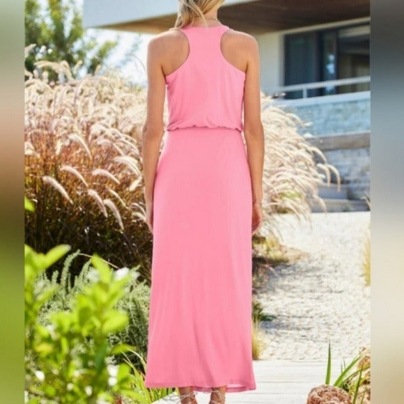 New BOSTON PROPER Scoopneck Blouson Slit Midi Dress in Sachet Pink Size Medium