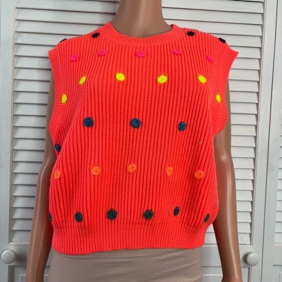 *New* QUEEN OF SPARKLES Neon Orange Polka Dot Sleeveless Sweater Size Small