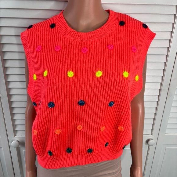 *New* QUEEN OF SPARKLES Neon Orange Polka Dot Sleeveless Sweater Size Small