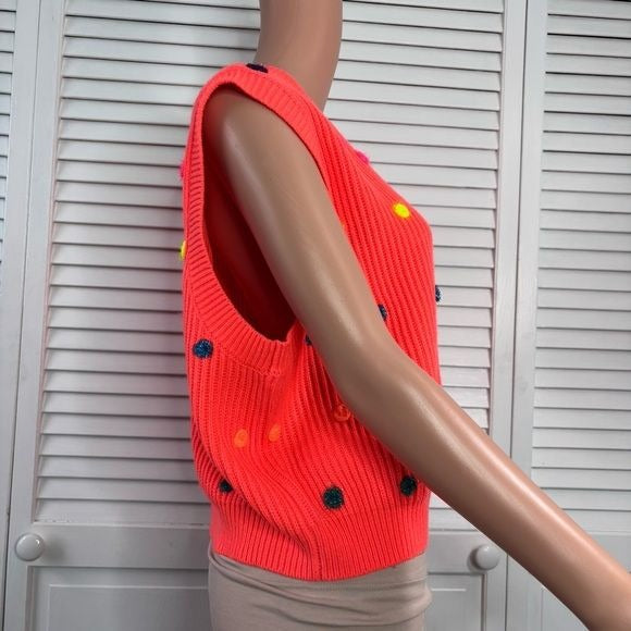 *New* QUEEN OF SPARKLES Neon Orange Polka Dot Sleeveless Sweater Size Small