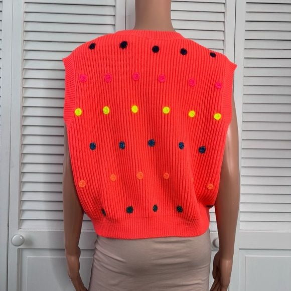 *New* QUEEN OF SPARKLES Neon Orange Polka Dot Sleeveless Sweater Size Small