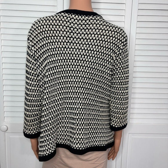 CAbi Black & White Crochet Open-Knit Cotton Cardigan Sweater Size XL