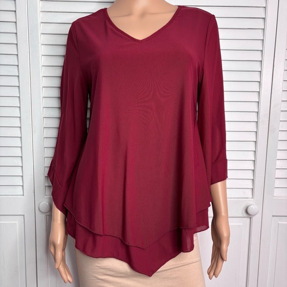 LOTUSMILE Red Double Layers Ruffle 3/4 Flared Sleeve Blouse Size Medium