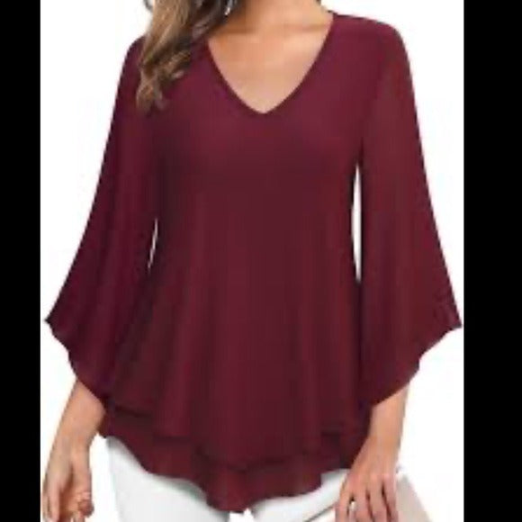 LOTUSMILE Red Double Layers Ruffle 3/4 Flared Sleeve Blouse Size Medium