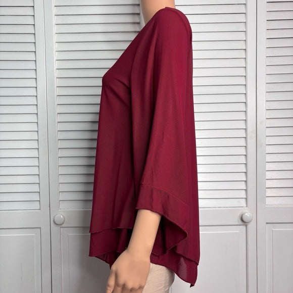 LOTUSMILE Red Double Layers Ruffle 3/4 Flared Sleeve Blouse Size Medium