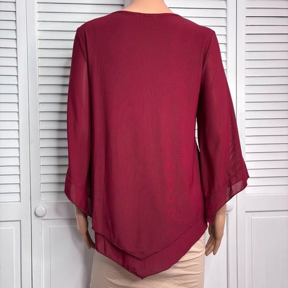 LOTUSMILE Red Double Layers Ruffle 3/4 Flared Sleeve Blouse Size Medium
