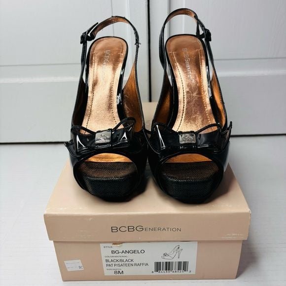 BCBGENERATION Angelo Black Patent Sateen Raffia Heels Size 8