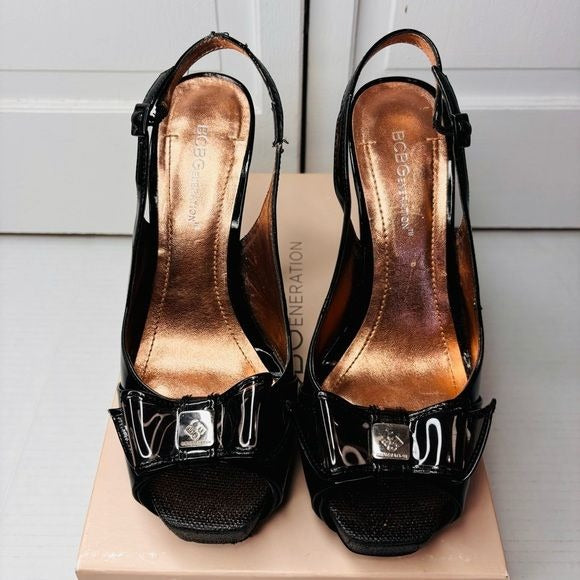 BCBGENERATION Angelo Black Patent Sateen Raffia Heels Size 8