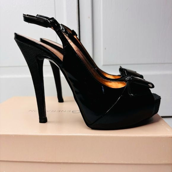 BCBGENERATION Angelo Black Patent Sateen Raffia Heels Size 8