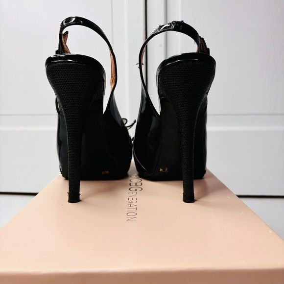 BCBGENERATION Angelo Black Patent Sateen Raffia Heels Size 8