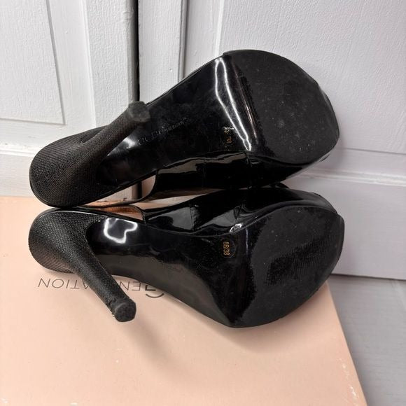 BCBGENERATION Angelo Black Patent Sateen Raffia Heels Size 8