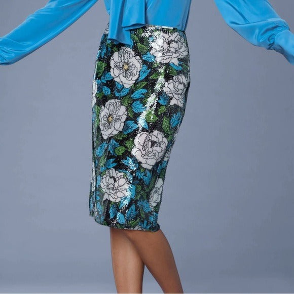 DIANE VON FURSTENBERG Boswell Sequined Floral Pencil Skirt Size 10