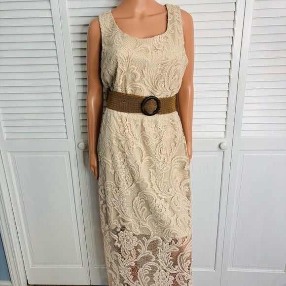 JESSICA HOWARD Beige Sleeveless Lace Overlay Maxi Dress Size 12