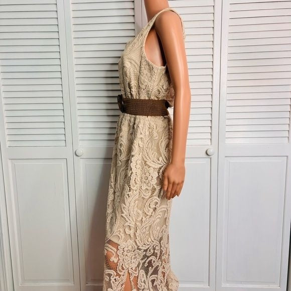 JESSICA HOWARD Beige Sleeveless Lace Overlay Maxi Dress Size 12