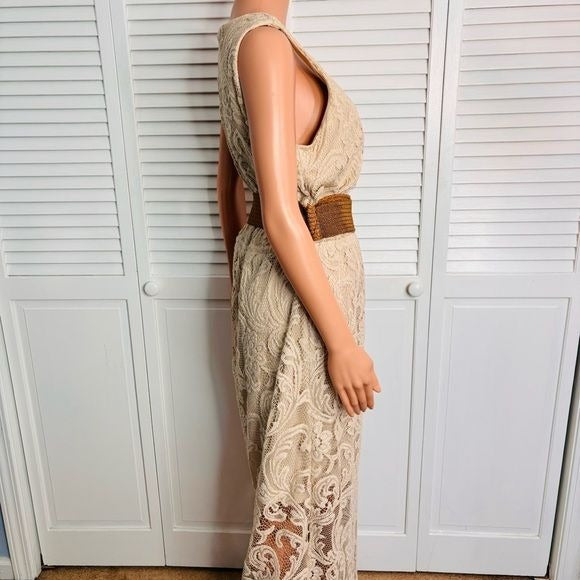 JESSICA HOWARD Beige Sleeveless Lace Overlay Maxi Dress Size 12