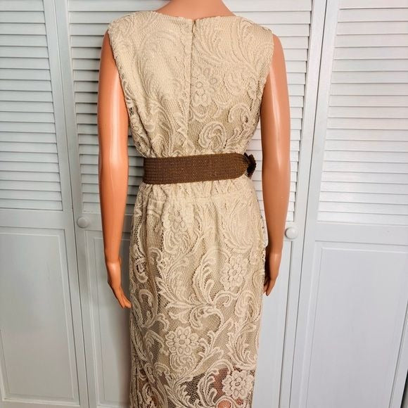JESSICA HOWARD Beige Sleeveless Lace Overlay Maxi Dress Size 12