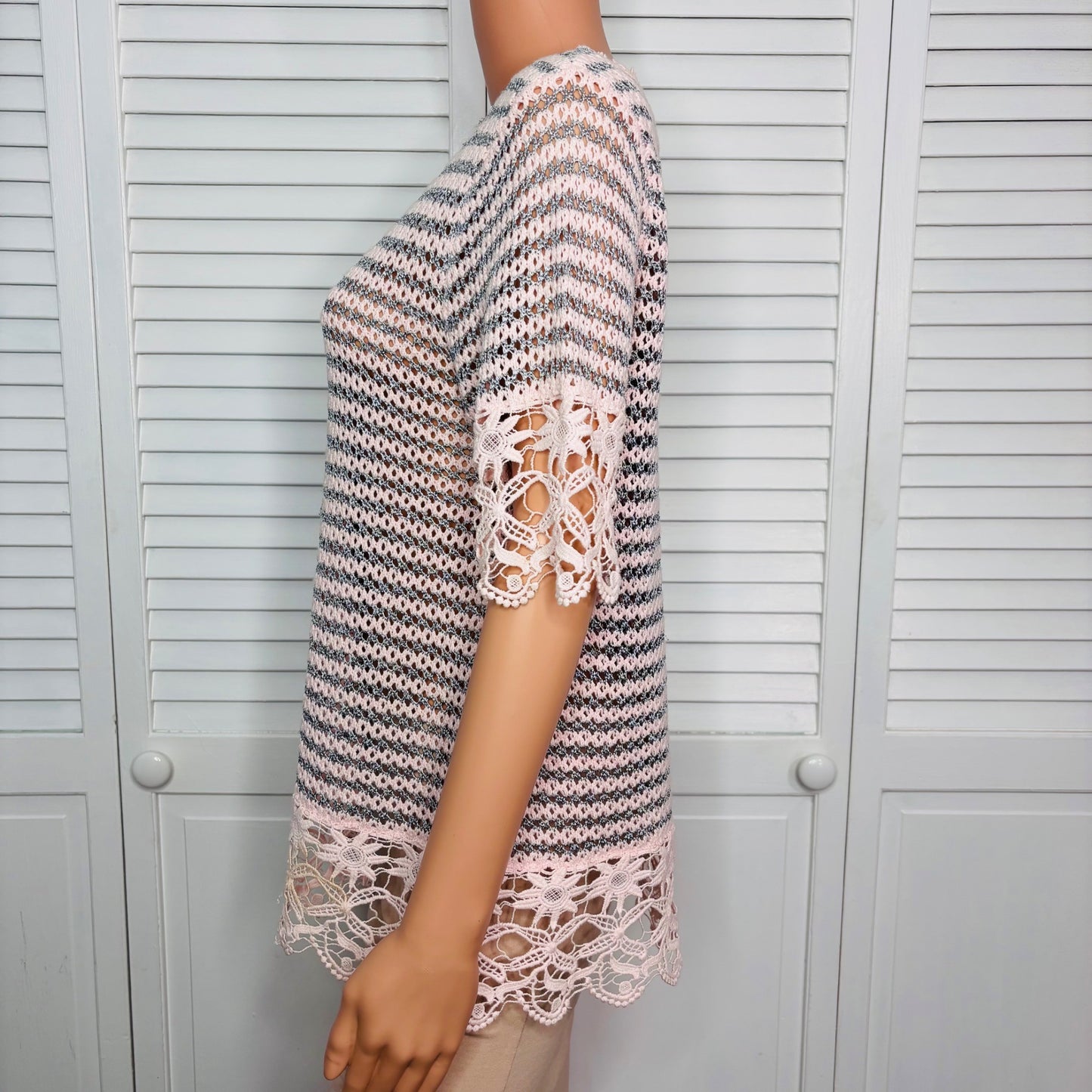 LEO & UGO Short Sleeve Striped Knit Sheer Sweater Size 8