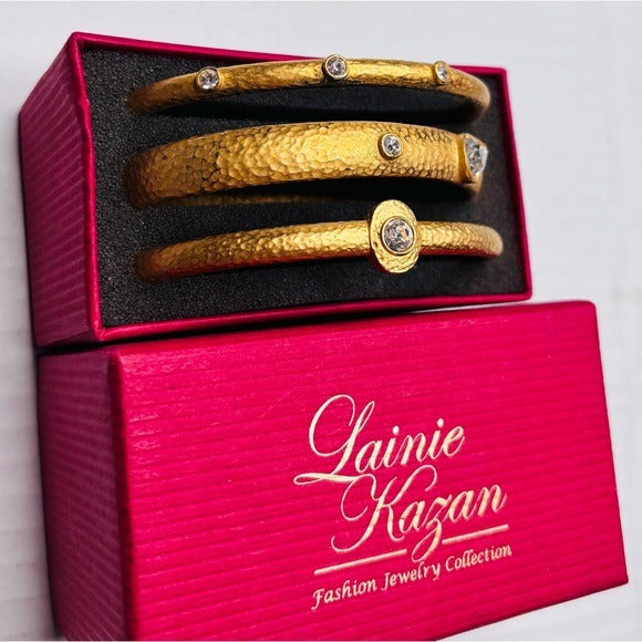 LAINIE KAZAN Set of 3 Goldtone Bangles with Crystals
