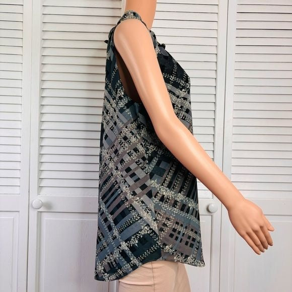 CABI Gray Plaid Sleeveless Graph Blouse Size Large