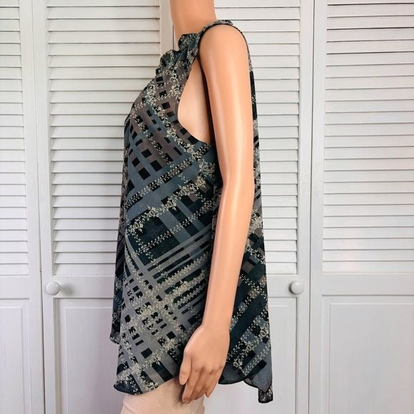 CABI Gray Plaid Sleeveless Graph Blouse Size Large