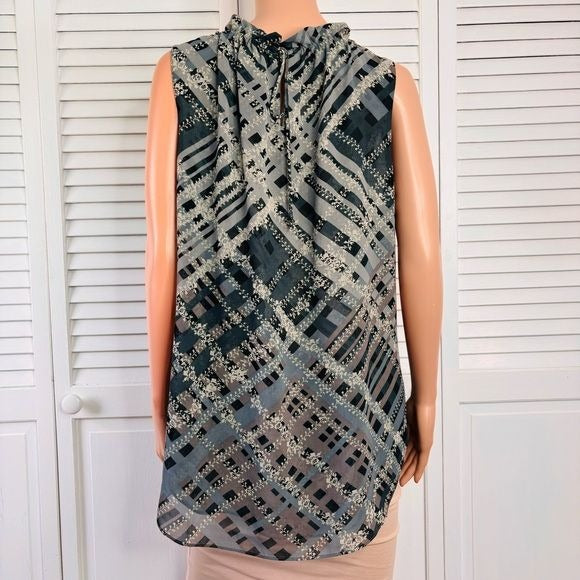 CABI Gray Plaid Sleeveless Graph Blouse Size Large