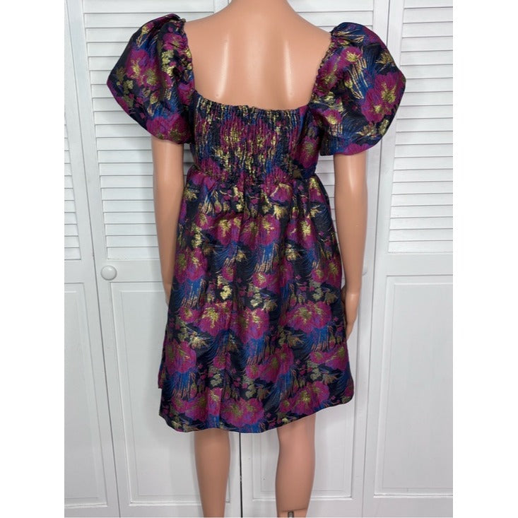 TCEC Metallic Floral Brocade Puff-Sleeve Mini Dress Size Medium