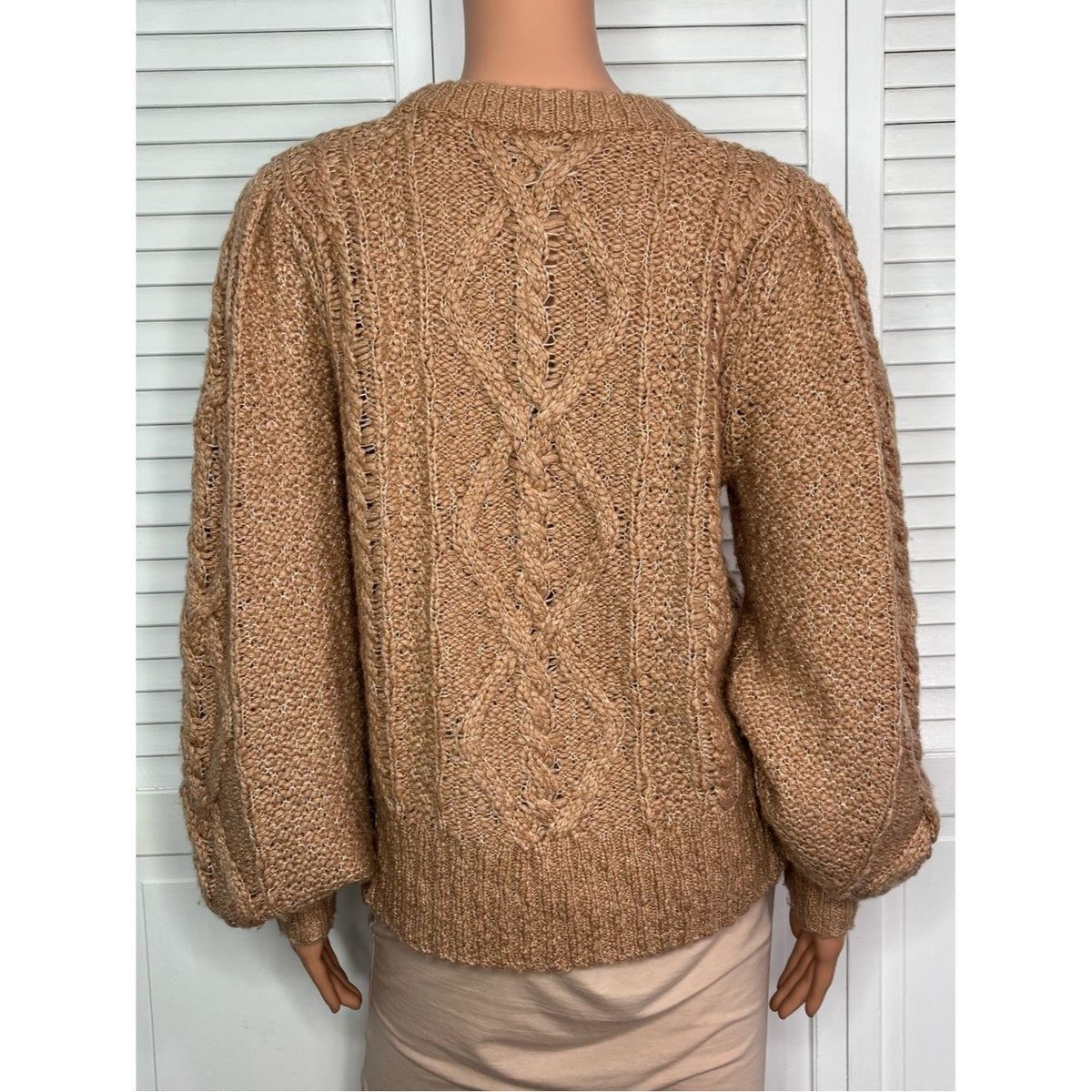 Joie Bia Tan Cable-Knit Puff-Sleeve Sweater Size Medium