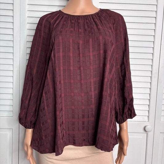*New* PEARL LELA ROSE Wine Plaid Crepe Full Sleeve Blouse Size XL