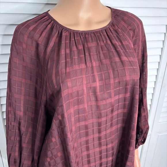 *New* PEARL LELA ROSE Wine Plaid Crepe Full Sleeve Blouse Size XL
