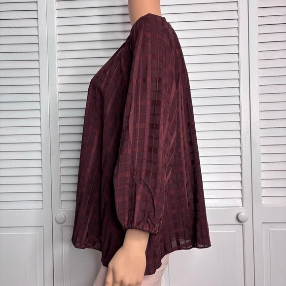 *New* PEARL LELA ROSE Wine Plaid Crepe Full Sleeve Blouse Size XL