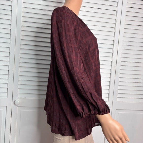 *New* PEARL LELA ROSE Wine Plaid Crepe Full Sleeve Blouse Size XL