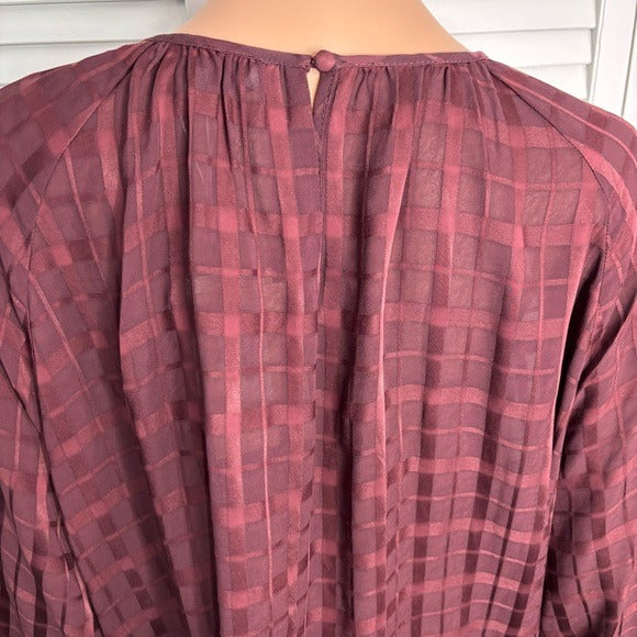 *New* PEARL LELA ROSE Wine Plaid Crepe Full Sleeve Blouse Size XL
