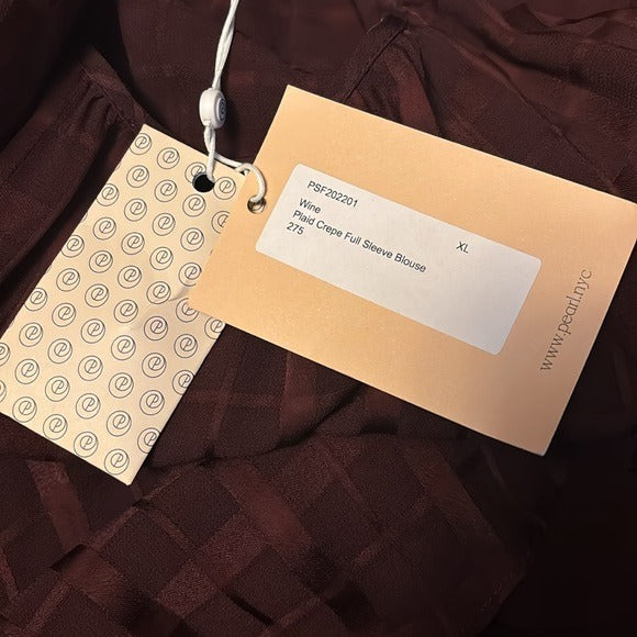 *New* PEARL LELA ROSE Wine Plaid Crepe Full Sleeve Blouse Size XL