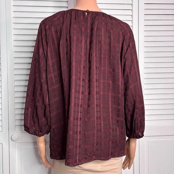 *New* PEARL LELA ROSE Wine Plaid Crepe Full Sleeve Blouse Size XL