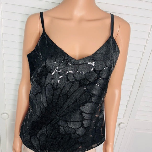 NEW WHITE HOUSE BLACK MARKET V-Neck Embroidered Sequin Cami in Black Size Small