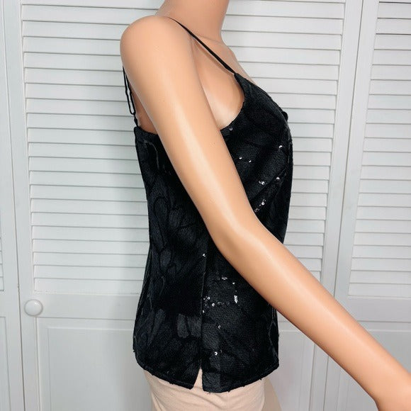 NEW WHITE HOUSE BLACK MARKET V-Neck Embroidered Sequin Cami in Black Size Small