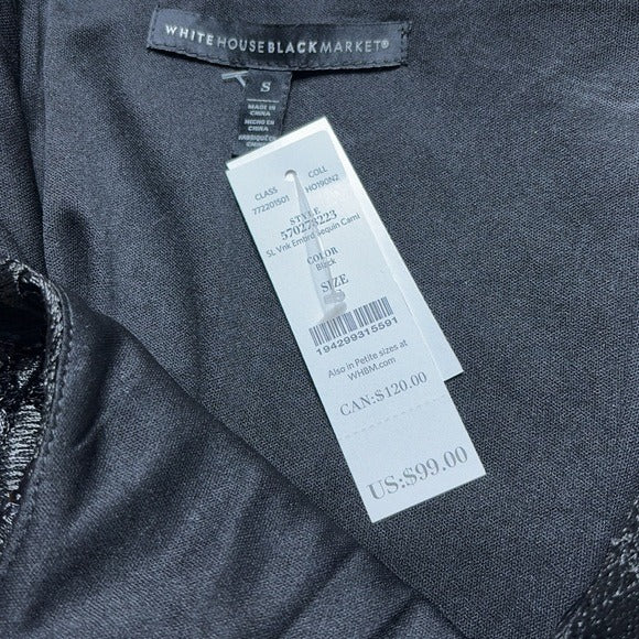 NEW WHITE HOUSE BLACK MARKET V-Neck Embroidered Sequin Cami in Black Size Small