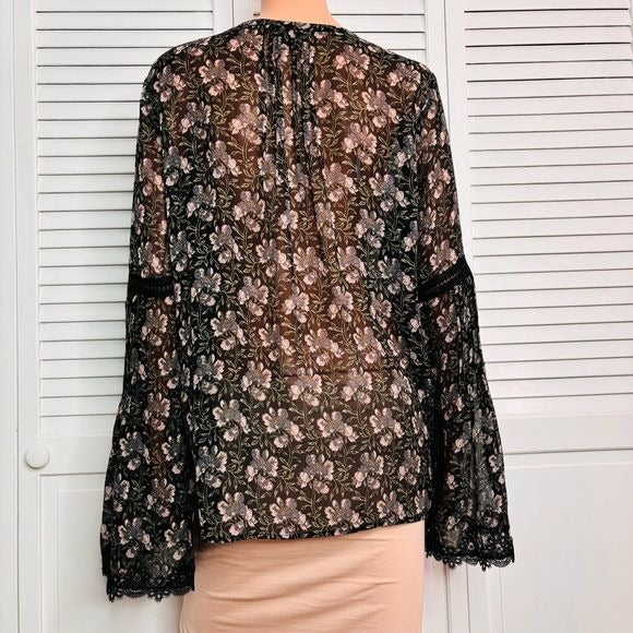 PAIGE Storm Cloud Floral Silk Clio V-Neck Button Down Blouse Size Medium