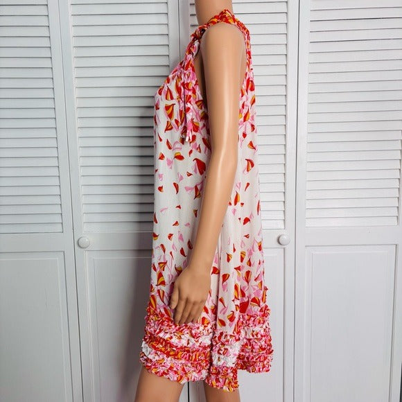 POUPETTE ST BARTH Annie Pink Petal Print Mini Halterneck Dress Size M/L