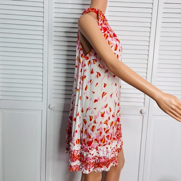 POUPETTE ST BARTH Annie Pink Petal Print Mini Halterneck Dress Size M/L