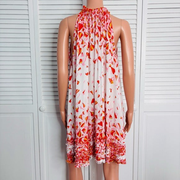 POUPETTE ST BARTH Annie Pink Petal Print Mini Halterneck Dress Size M/L