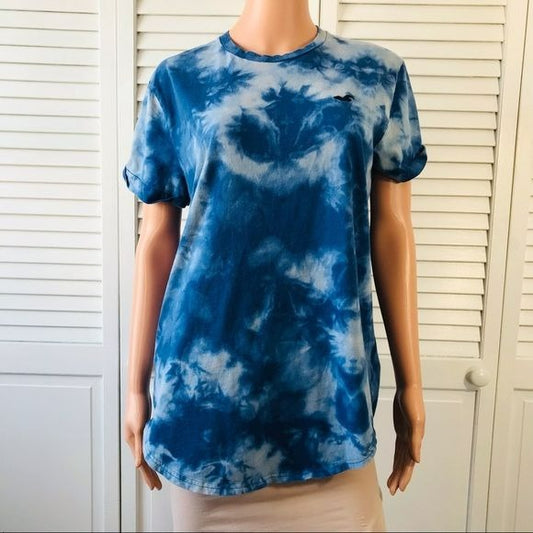 HOLLISTER Blue White Tie Dye Cotton Short Sleeve Tee Size L
