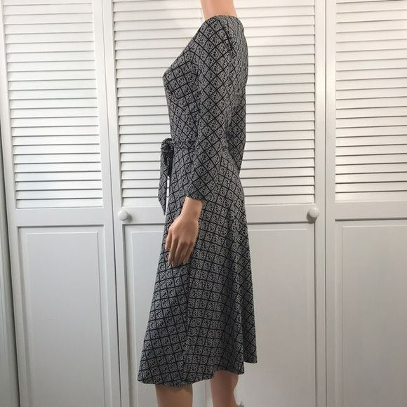 LAUREN RALPH LAUREN Black White Printed Belted Dress Size 0